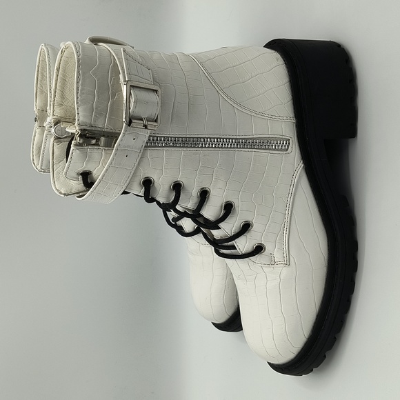 White Croc Embossed Combat Boots - Picture 4 of 7